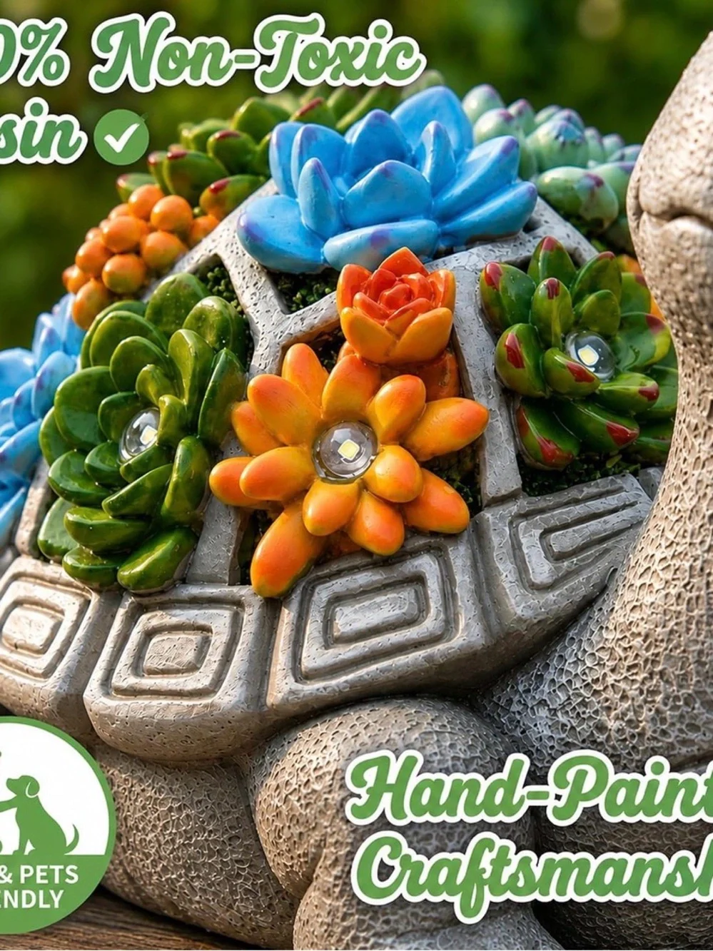 Solar Turtle Planter with Colorful LED Succulents - Garden Accent